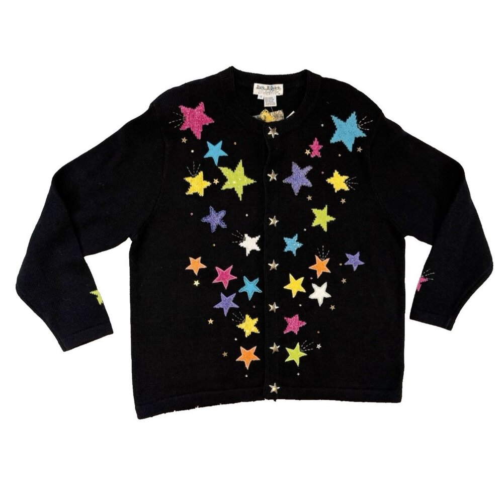 Jack B. Quick 1X Vintage Black Star Button Sweater Embroidered Beaded Stars NWT